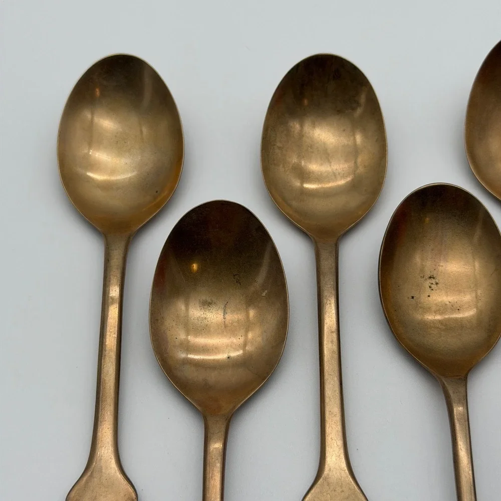 Vintage Bronze Brass Spoons Set of 5 Mid Century Modern Fiddle Handle Gold Tone